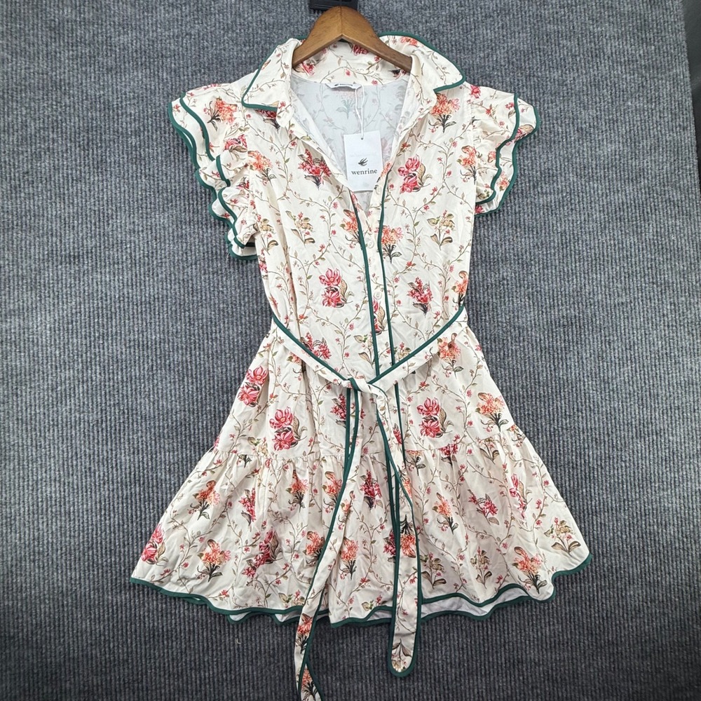 Wenrine Floral Mini Dress Womens Large White New‎ Ruffle Sleeve Button Up RT1143